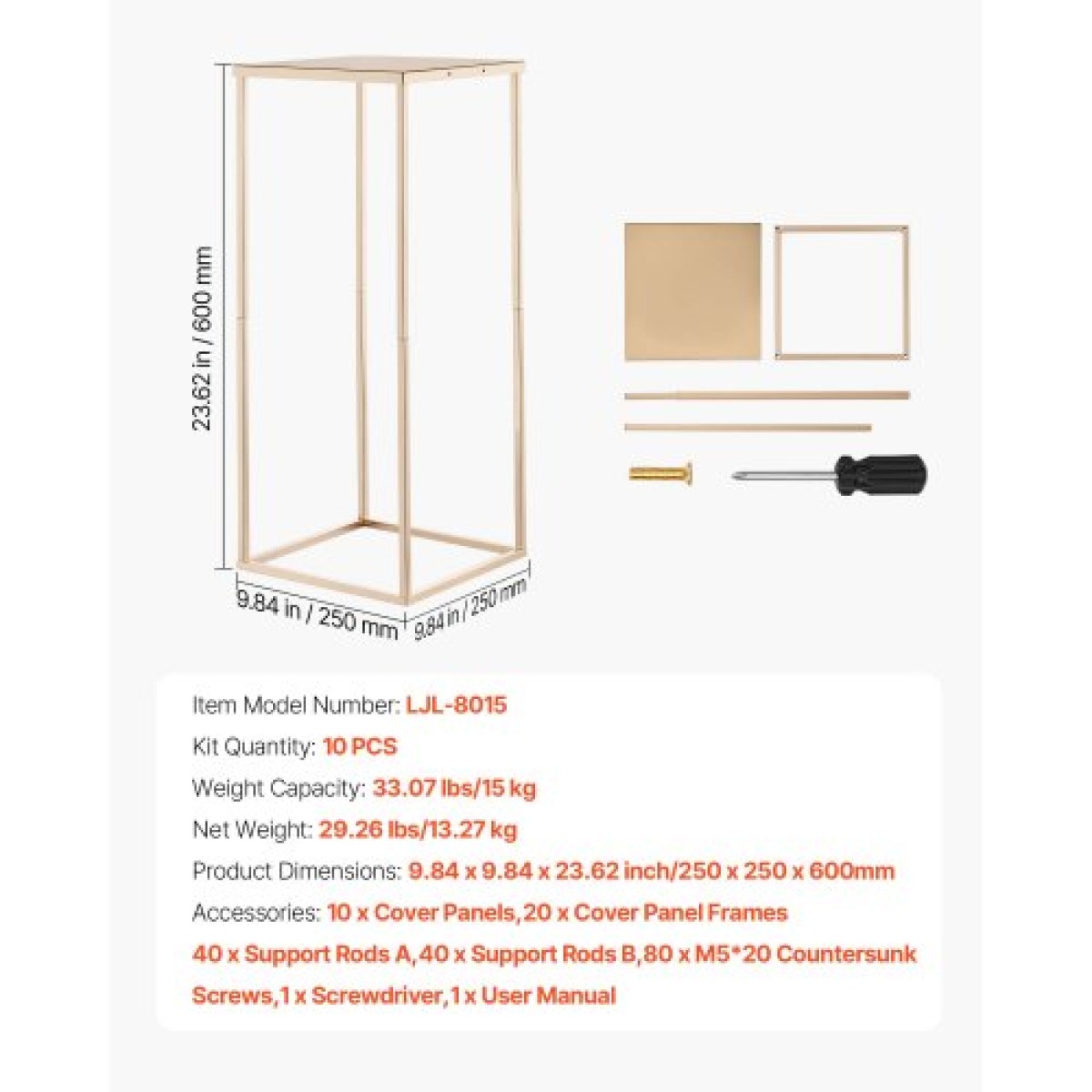 VEVOR Wedding Flower Stand, 10PCS 23,62 ιντσών Stand λουλουδιών, Floral stands με μεταλλικό laminate, ορθογώνια φλοράλ επίστρωση για γάμο, πάρτι, γενέθλια, σπίτι, γαλλικά χρυσά stand