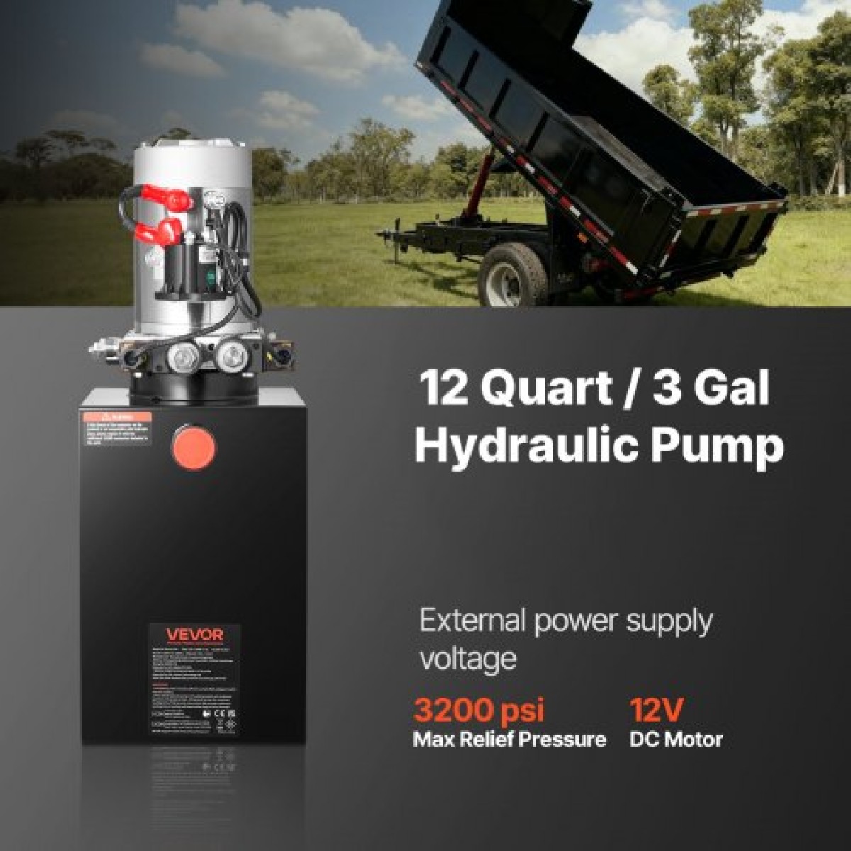 VEVOR 12 L Hydraulic Power Unit, Double Acting Dump Trailer Pump, 22 MPa Max Relief Pressure & 3,4 L/min Rate, DC 12V Hydraulic Pump with Metal Reservoir for Dump Trailer Car Lifting