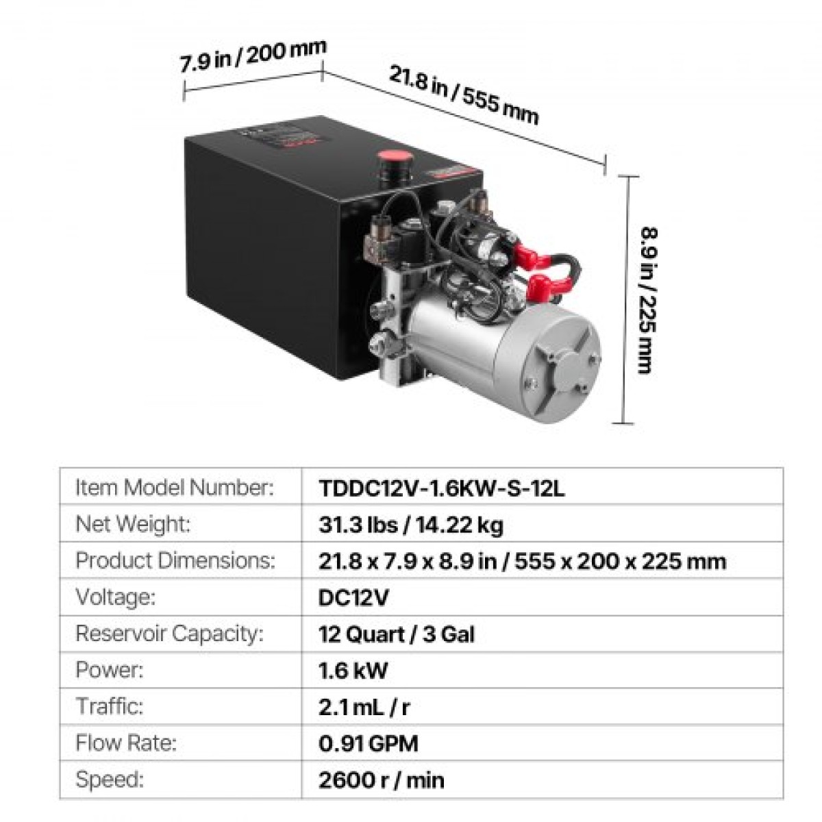 VEVOR 12 L Hydraulic Power Unit, Double Acting Dump Trailer Pump, 22 MPa Max Relief Pressure & 3,4 L/min Rate, DC 12V Hydraulic Pump with Metal Reservoir for Dump Trailer Car Lifting