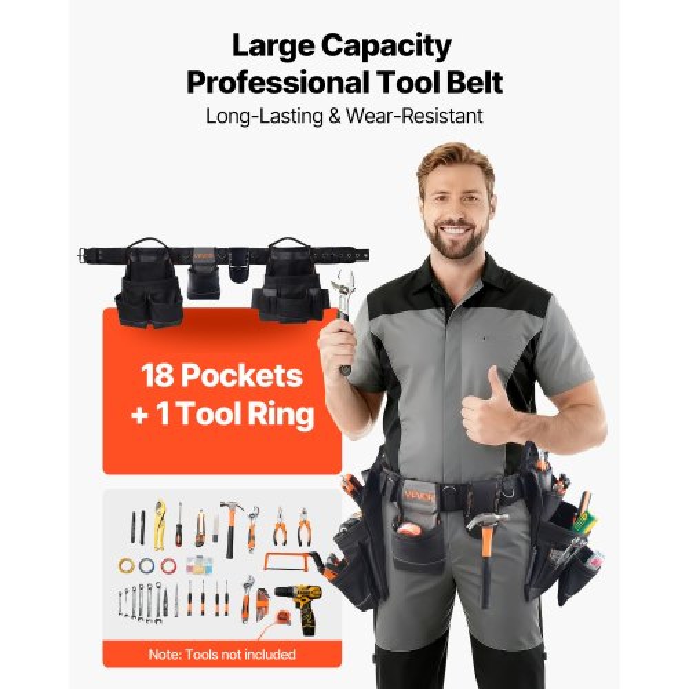 VEVOR Tool Belt, 18 Pockets Professional Tool Pouch for Men, Heavy Duty Adjustable Utility Belt Αποσπώμενη τσάντα εργασίας για Ηλεκτρολόγο, Ξυλουργό, Κατασκευές, Οργάνωση ποδιάς εργασίας, Ρυθμίζει 80-131 cm