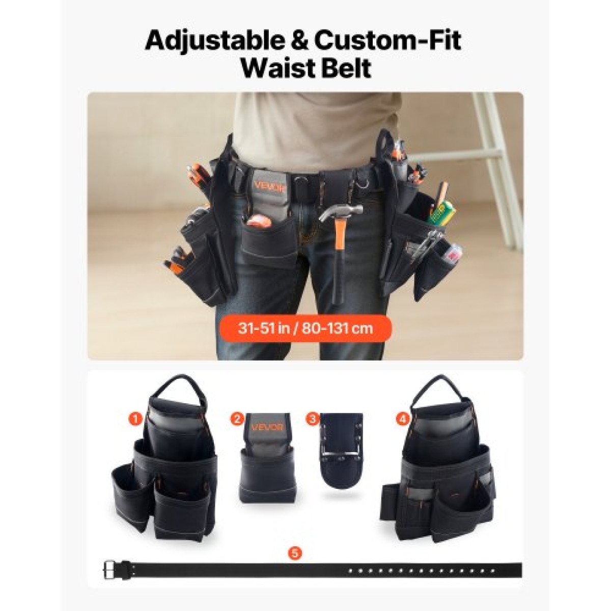 VEVOR Tool Belt, 18 Pockets Professional Tool Pouch for Men, Heavy Duty Adjustable Utility Belt Αποσπώμενη τσάντα εργασίας για Ηλεκτρολόγο, Ξυλουργό, Κατασκευές, Οργάνωση ποδιάς εργασίας, Ρυθμίζει 80-131 cm