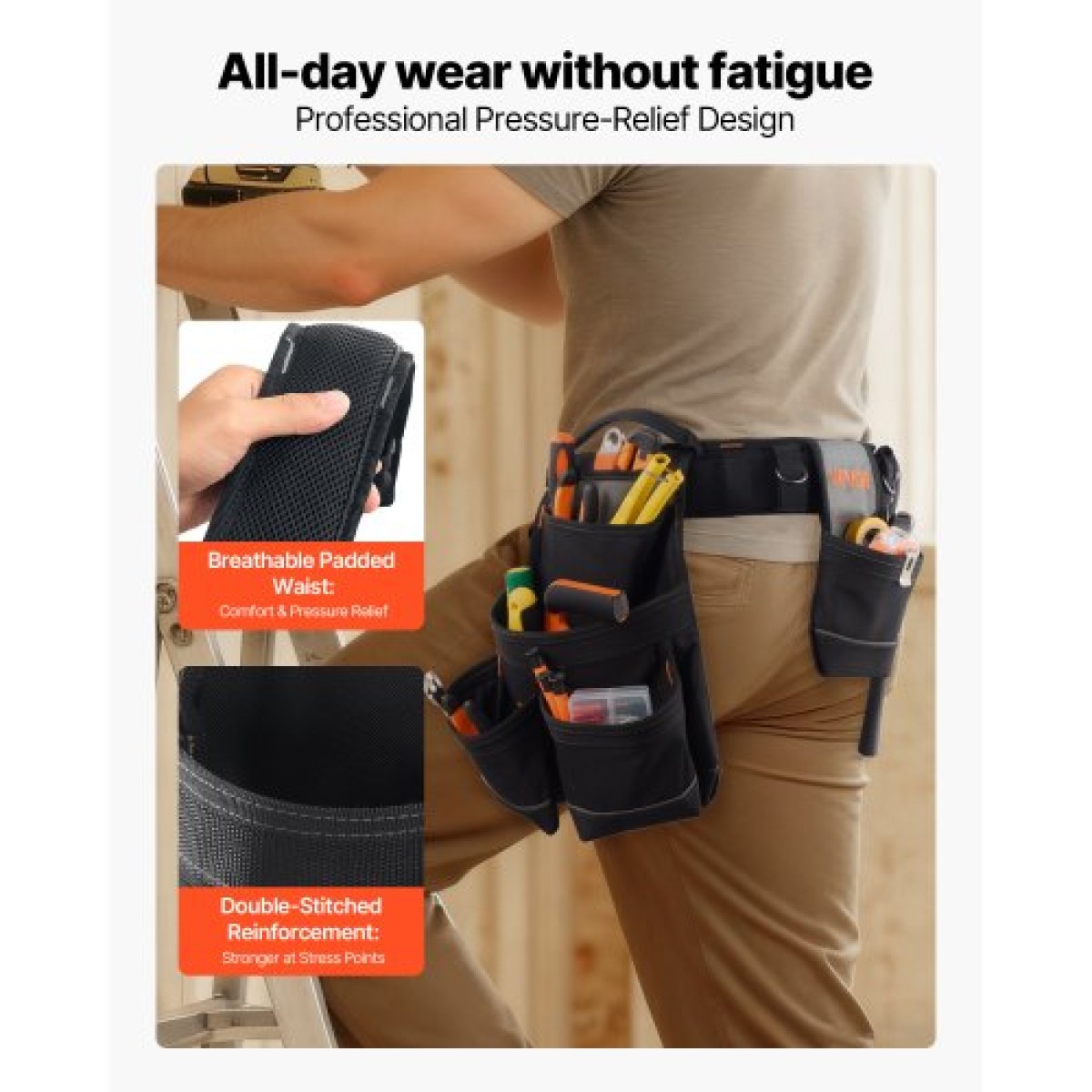 VEVOR Tool Belt, 18 Pockets Professional Tool Pouch for Men, Heavy Duty Adjustable Utility Belt Αποσπώμενη τσάντα εργασίας για Ηλεκτρολόγο, Ξυλουργό, Κατασκευές, Οργάνωση ποδιάς εργασίας, Ρυθμίζει 80-131 cm