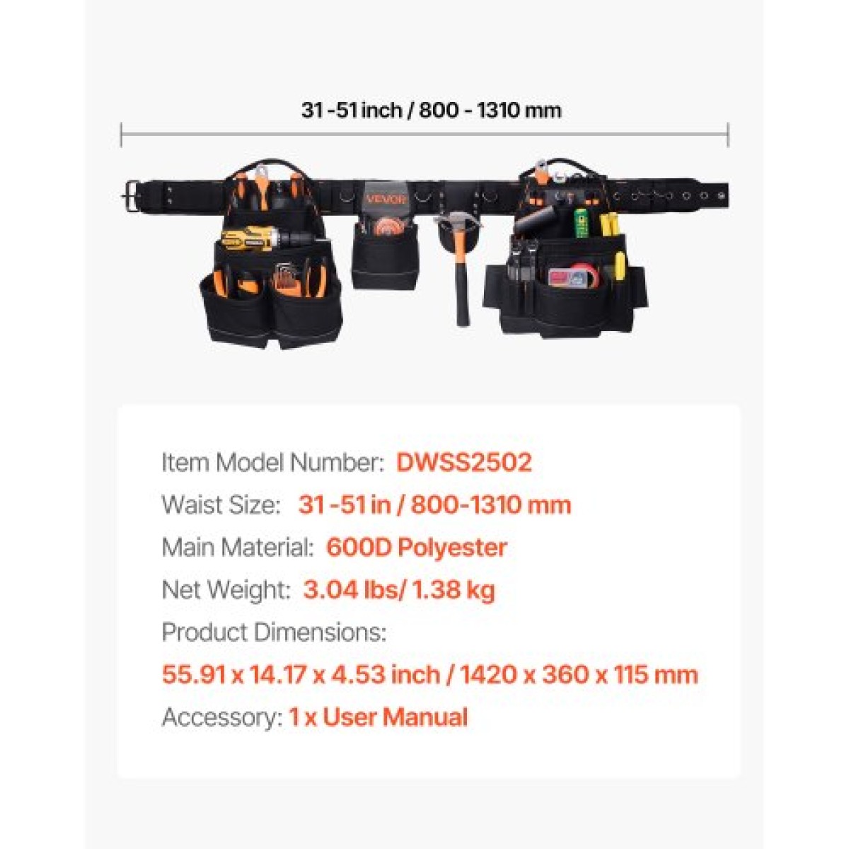 VEVOR Tool Belt, 18 Pockets Professional Tool Pouch for Men, Heavy Duty Adjustable Utility Belt Αποσπώμενη τσάντα εργασίας για Ηλεκτρολόγο, Ξυλουργό, Κατασκευές, Οργάνωση ποδιάς εργασίας, Ρυθμίζει 80-131 cm