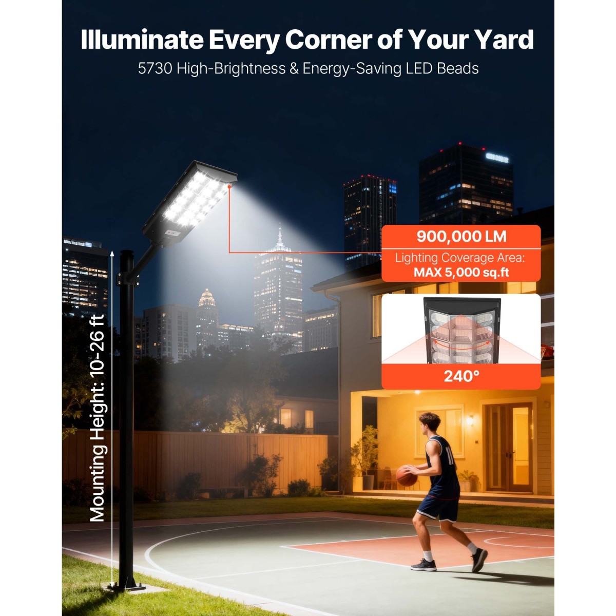 VEVOR 12000W Solar Street Light Outdoor, 900000LM, Επαγγελματικός Χώρος Στάθμευσης Light Dusk to Dawn, LED Flood Security Lamp με αισθητήρα κίνησης, IP65 αδιάβροχος ευρυγώνιος εξωτερικός φωτισμός, για Driveway Yard