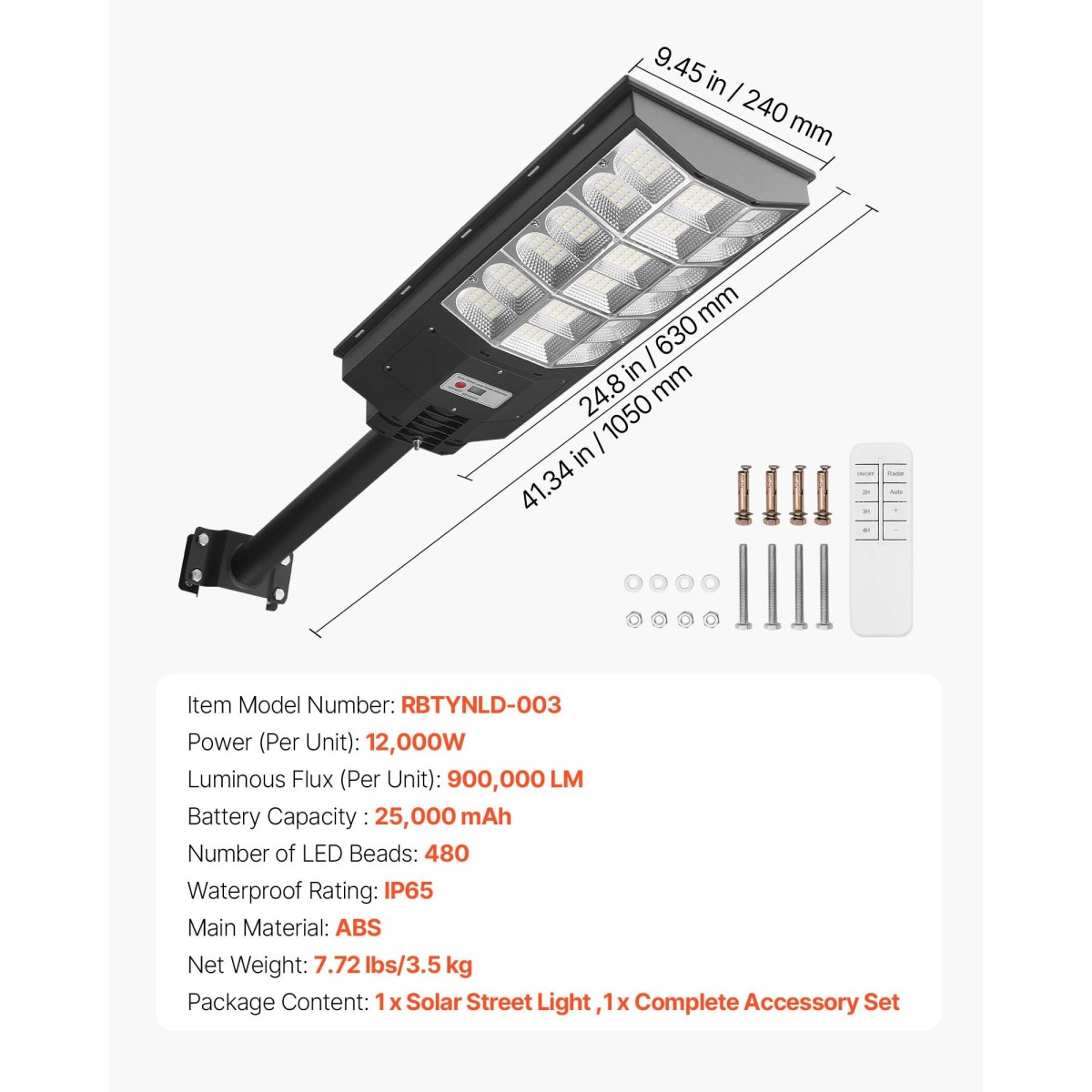 VEVOR 12000W Solar Street Light Outdoor, 900000LM, Επαγγελματικός Χώρος Στάθμευσης Light Dusk to Dawn, LED Flood Security Lamp με αισθητήρα κίνησης, IP65 αδιάβροχος ευρυγώνιος εξωτερικός φωτισμός, για Driveway Yard