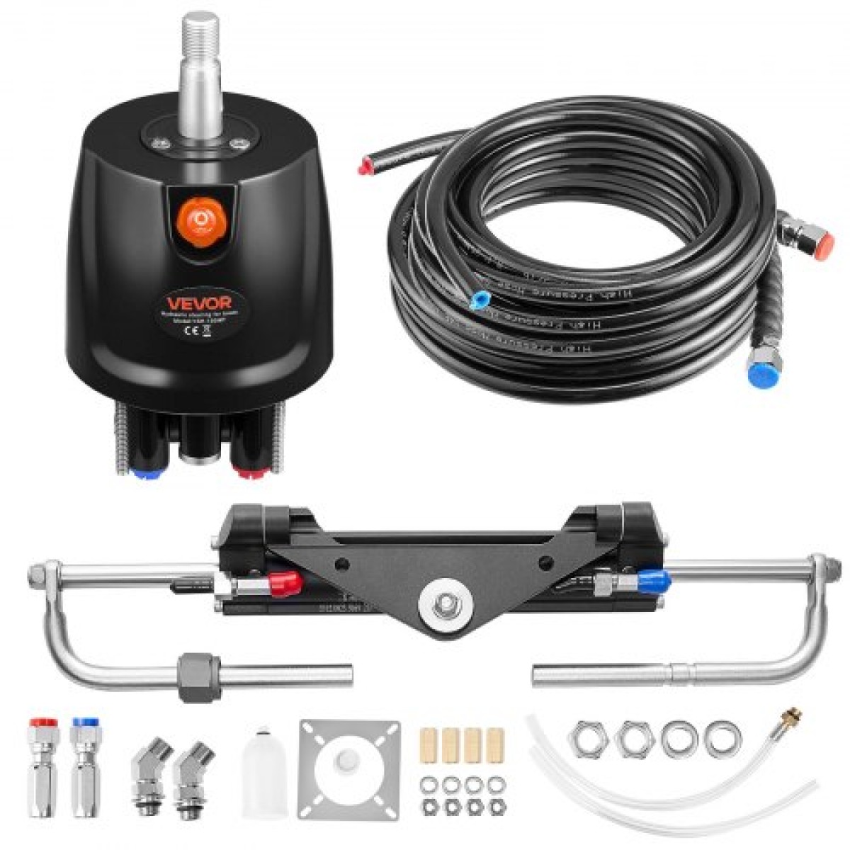 VEVOR Hydraulic Steering Kit, 110kW (150 HP), Marine Boat Hydraulic Steering System, με αντλία τιμόνι 6,9 MPa/1000 psi, κύλινδρο κλειδώματος δύο κατευθύνσεων και εύκαμπτους σωλήνες 7,32 m υψηλής αντοχής, για χρήση σε έναν κινητήρα