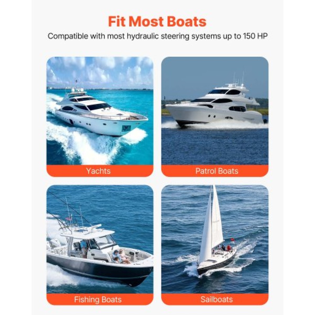 VEVOR Hydraulic Steering Kit, 110kW (150 HP), Marine Boat Hydraulic Steering System, με αντλία τιμόνι 6,9 MPa/1000 psi, κύλινδρο κλειδώματος δύο κατευθύνσεων και εύκαμπτους σωλήνες 7,32 m υψηλής αντοχής, για χρήση σε έναν κινητήρα