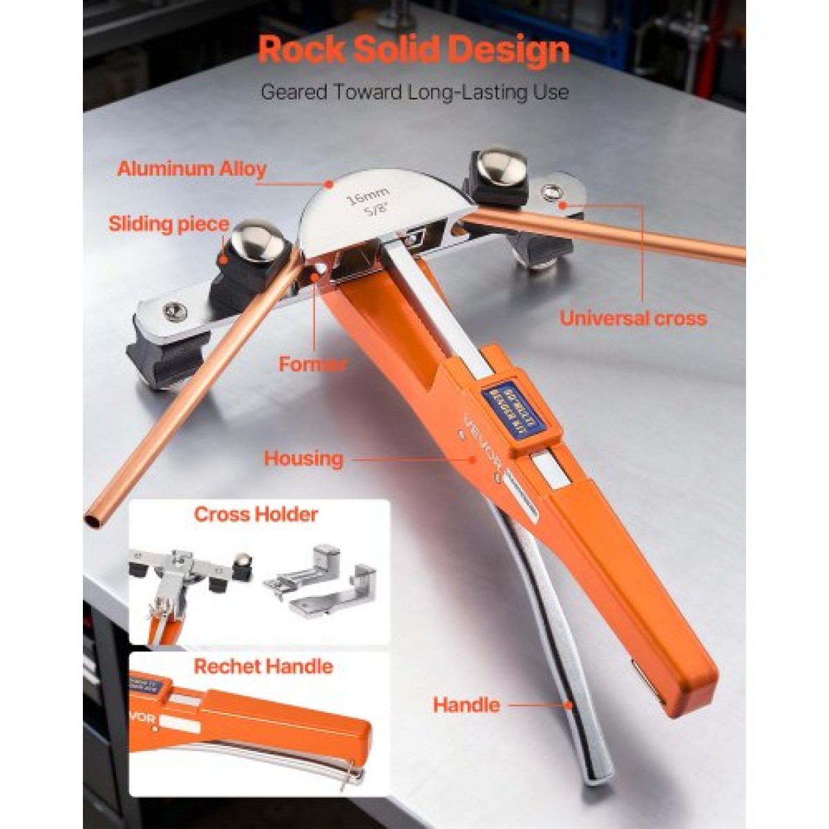 VEVOR Tubing Bender Kit, 6 mm έως 22 mm, Compact Bender Tube Ratcheting Tube Bender, Εργαλείο κάμψης προς τα εμπρός/όπισθεν, με 7 μήτρες από κράμα αλουμινίου, για επισκευή αυτοκινήτου ψύξης κλιματιστικών κλιματιστικών χαλκού HVAC