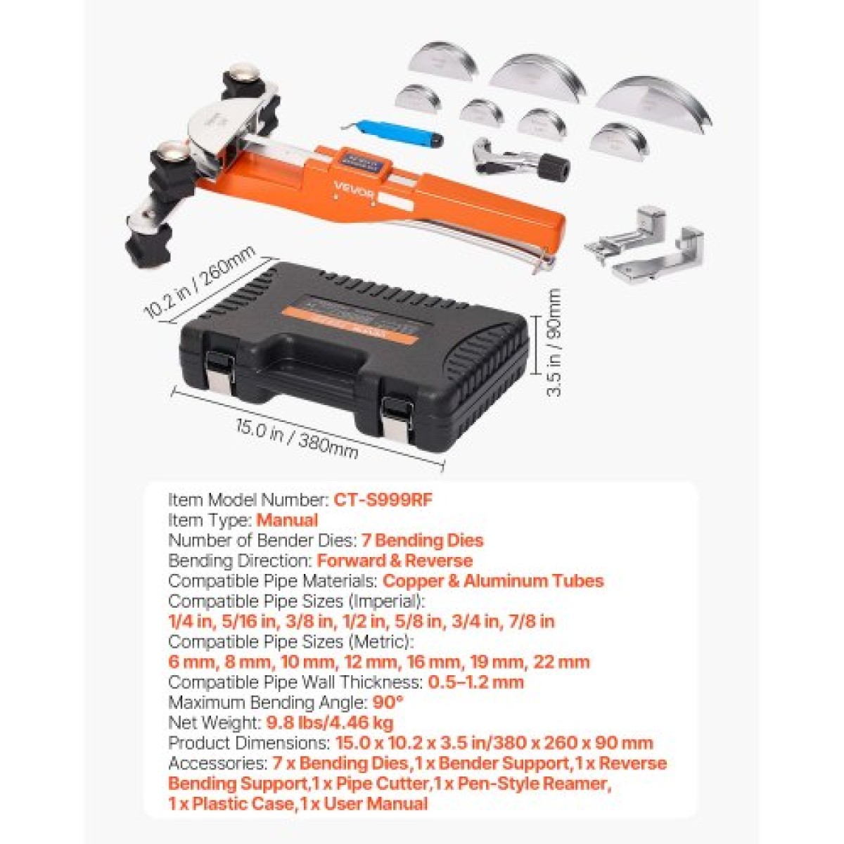 VEVOR Tubing Bender Kit, 6 mm έως 22 mm, Compact Bender Tube Ratcheting Tube Bender, Εργαλείο κάμψης προς τα εμπρός/όπισθεν, με 7 μήτρες από κράμα αλουμινίου, για επισκευή αυτοκινήτου ψύξης κλιματιστικών κλιματιστικών χαλκού HVAC