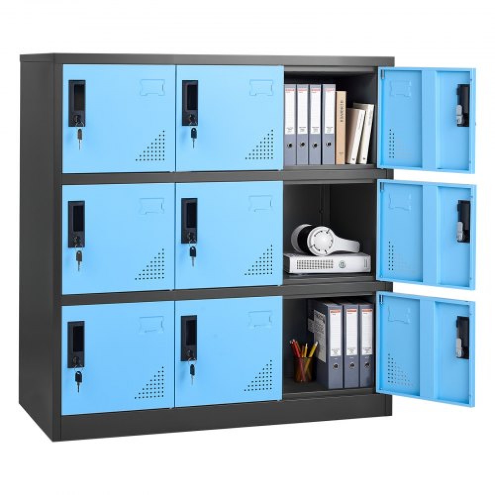 Μεταλλικό ντουλάπι VEVOR 9 Doors, Ατσάλινο ντουλάπι αποθήκευσης που κλειδώνει, χωρητικότητα φόρτωσης 66 lbs, 2 κλειδιά για κάθε πόρτα, ντουλάπια εργαζομένων 3 επιπέδων για γραφείο, σχολείο, γυμναστήριο, εύκολη συναρμολόγηση, 90 x 45 x 94 cm, μαύρο