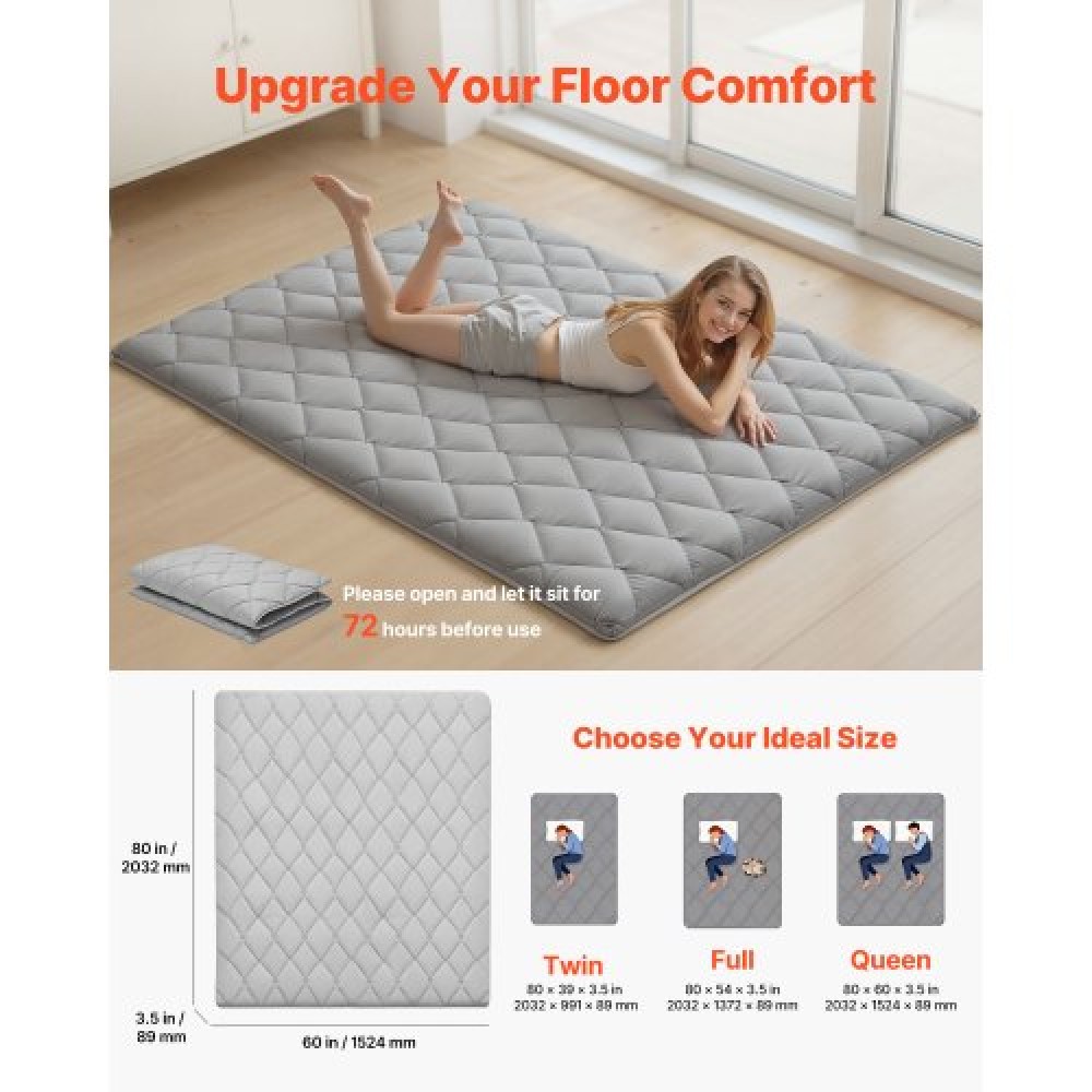 VEVOR Japanese Tatami Mat, Queen Size Πτυσσόμενο Γιαπωνέζικο Στρώμα Τατάμι, Στρώμα Futon με Αποθηκευτική Τσάντα & Στερέωμα, Χαλάκι δαπέδου 9 στρώσεων για ύπνο, κοιτώνα, διαλογισμός, γιόγκα, 2032 x 1524 x 89 mm, γκρι