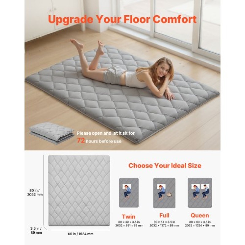 VEVOR Japanese Tatami Mat, Queen Size Πτυσσόμενο Γιαπωνέζικο Στρώμα Τατάμι, Στρώμα Futon με Αποθηκευτική Τσάντα & Στερέωμα, Χαλάκι δαπέδου 9 στρώσεων για ύπνο, κοιτώνα, διαλογισμός, γιόγκα, 2032 x 1524 x 89 mm, γκρι