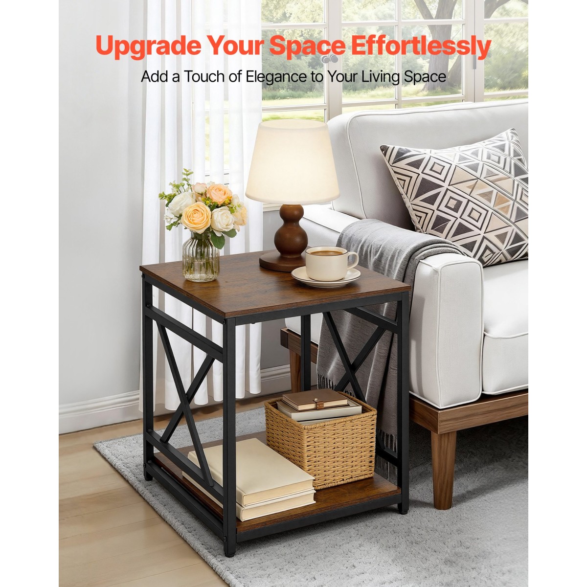VEVOR End Table, Πλαϊνό Τραπέζι 2 επιπέδων με ανοιχτά ράφια αποθήκευσης, Κομοδίνο μοντέρνο κομοδίνο με μεταλλικό σκελετό X-Design, Ξύλινος καναπές σαλονάκι, υπνοδωμάτιο, γραφείο, κοιτώνας, καφέ