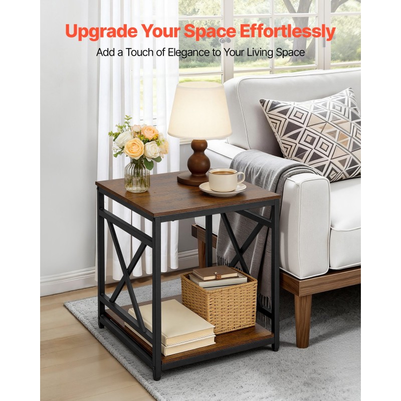 VEVOR End Table, Πλαϊνό Τραπέζι 2 επιπέδων με ανοιχτά ράφια αποθήκευσης, Κομοδίνο μοντέρνο κομοδίνο με μεταλλικό σκελετό X-Design, Ξύλινος καναπές σαλονάκι, υπνοδωμάτιο, γραφείο, κοιτώνας, καφέ