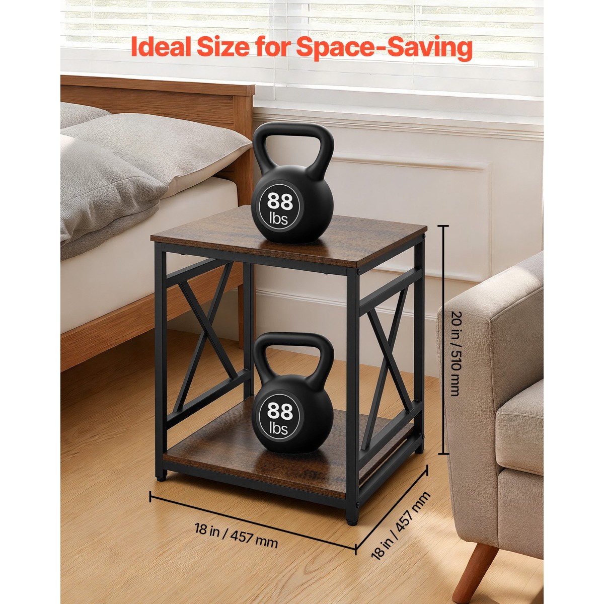 VEVOR End Table, Πλαϊνό Τραπέζι 2 επιπέδων με ανοιχτά ράφια αποθήκευσης, Κομοδίνο μοντέρνο κομοδίνο με μεταλλικό σκελετό X-Design, Ξύλινος καναπές σαλονάκι, υπνοδωμάτιο, γραφείο, κοιτώνας, καφέ