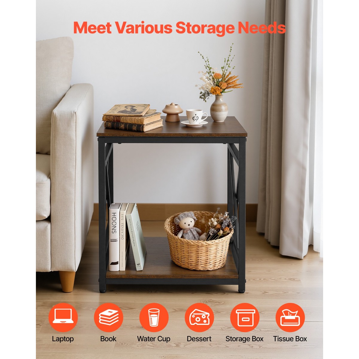 VEVOR End Table, Πλαϊνό Τραπέζι 2 επιπέδων με ανοιχτά ράφια αποθήκευσης, Κομοδίνο μοντέρνο κομοδίνο με μεταλλικό σκελετό X-Design, Ξύλινος καναπές σαλονάκι, υπνοδωμάτιο, γραφείο, κοιτώνας, καφέ