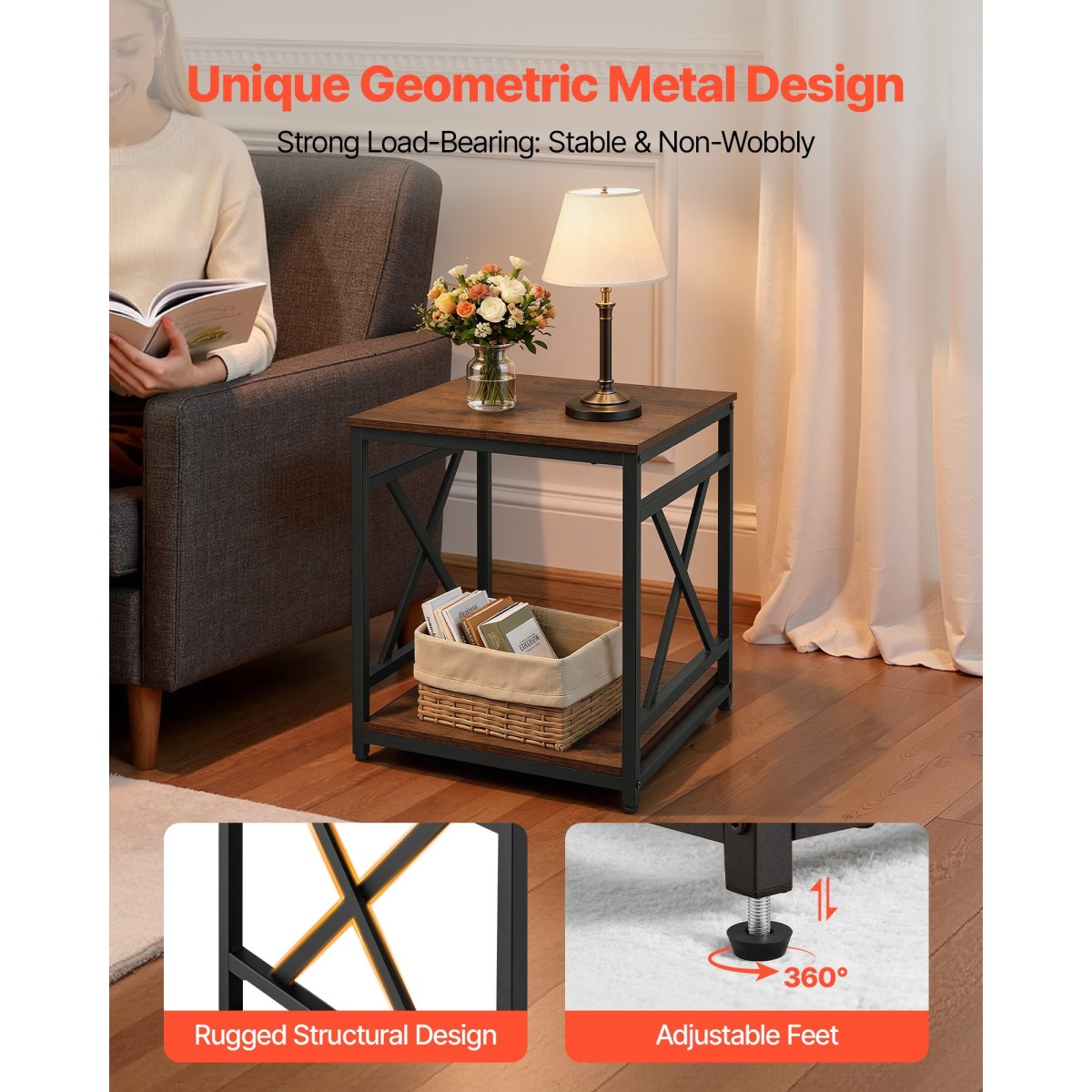 VEVOR End Table, Πλαϊνό Τραπέζι 2 επιπέδων με ανοιχτά ράφια αποθήκευσης, Κομοδίνο μοντέρνο κομοδίνο με μεταλλικό σκελετό X-Design, Ξύλινος καναπές σαλονάκι, υπνοδωμάτιο, γραφείο, κοιτώνας, καφέ