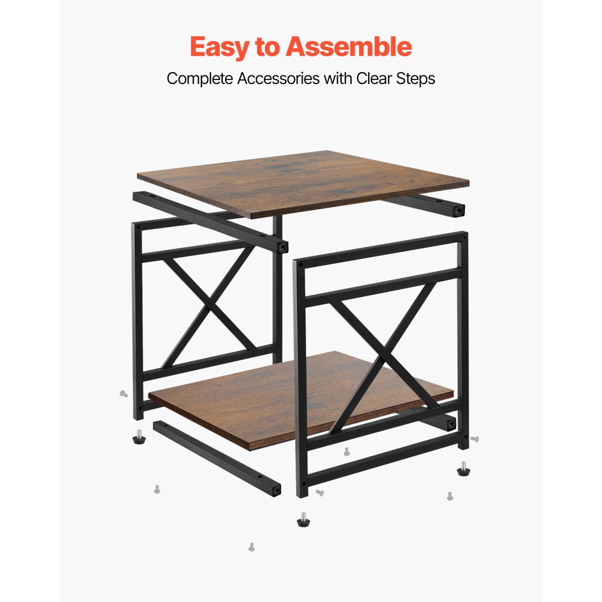 VEVOR End Table, Πλαϊνό Τραπέζι 2 επιπέδων με ανοιχτά ράφια αποθήκευσης, Κομοδίνο μοντέρνο κομοδίνο με μεταλλικό σκελετό X-Design, Ξύλινος καναπές σαλονάκι, υπνοδωμάτιο, γραφείο, κοιτώνας, καφέ