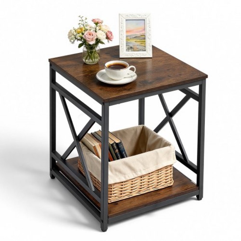 VEVOR End Table, Πλαϊνό Τραπέζι 2 επιπέδων με ανοιχτά ράφια αποθήκευσης, Κομοδίνο μοντέρνο κομοδίνο με μεταλλικό σκελετό X-Design, Ξύλινος καναπές σαλονάκι, υπνοδωμάτιο, γραφείο, κοιτώνας, καφέ