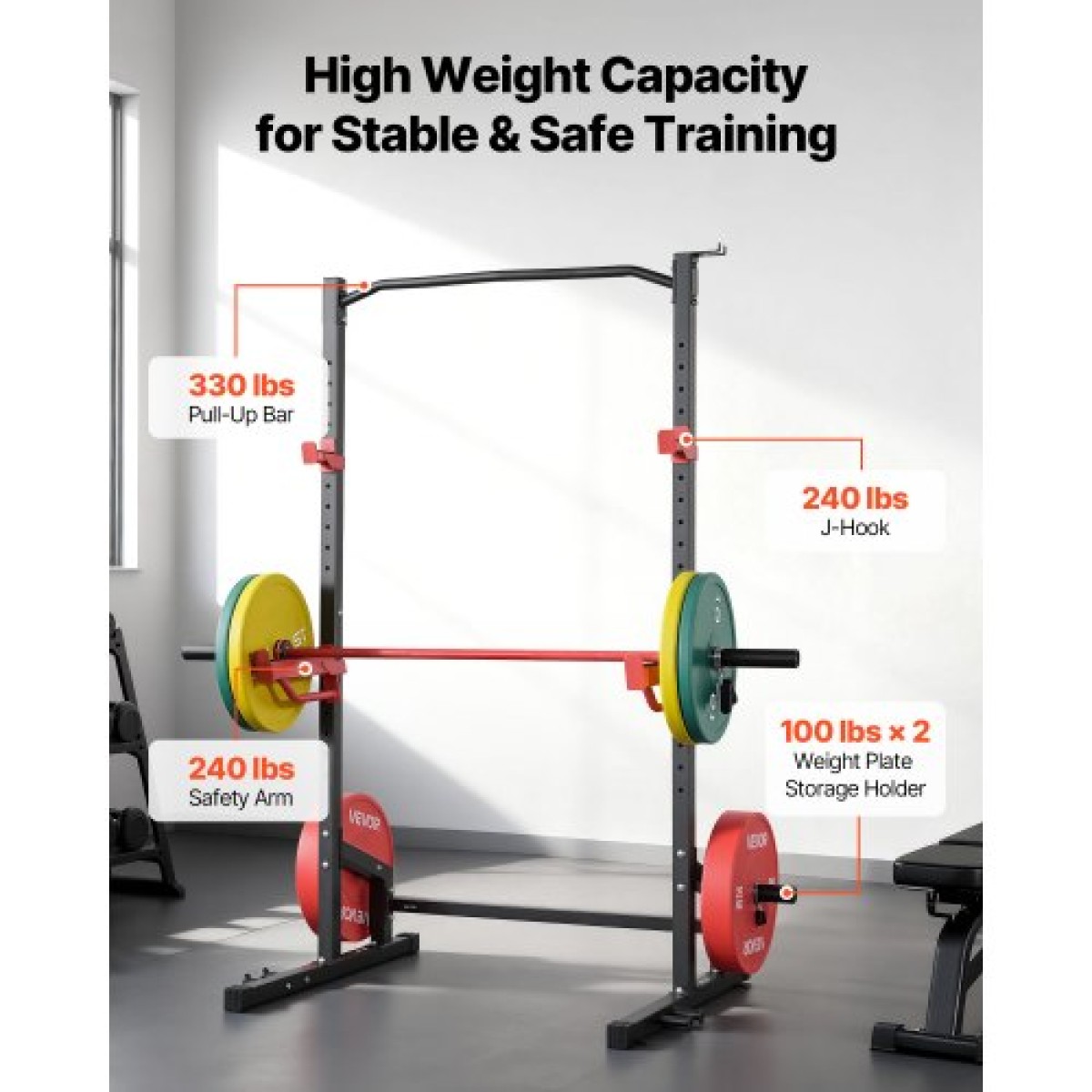 VEVOR Power Cage Squat Rack, Πολυλειτουργικό Power Rack Γυμναστήριο για το σπίτι, Εξοπλισμός προπόνησης δύναμης με 4 μανταλάκια, ρυθμιζόμενοι γάντζοι J και ράβδοι ασφαλείας για πάγκο τύπου Barbell Squat Pull-Up