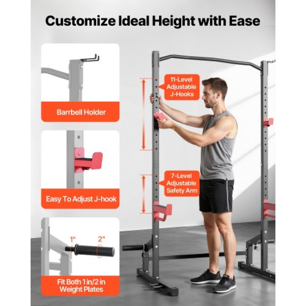 VEVOR Power Cage Squat Rack, Πολυλειτουργικό Power Rack Γυμναστήριο για το σπίτι, Εξοπλισμός προπόνησης δύναμης με 4 μανταλάκια, ρυθμιζόμενοι γάντζοι J και ράβδοι ασφαλείας για πάγκο τύπου Barbell Squat Pull-Up