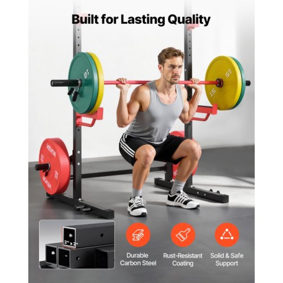 VEVOR Power Cage Squat Rack, Πολυλειτουργικό Power Rack Γυμναστήριο για το σπίτι, Εξοπλισμός προπόνησης δύναμης με 4 μανταλάκια, ρυθμιζόμενοι γάντζοι J και ράβδοι ασφαλείας για πάγκο τύπου Barbell Squat Pull-Up