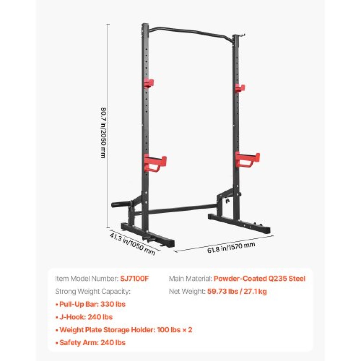 VEVOR Power Cage Squat Rack, Πολυλειτουργικό Power Rack Γυμναστήριο για το σπίτι, Εξοπλισμός προπόνησης δύναμης με 4 μανταλάκια, ρυθμιζόμενοι γάντζοι J και ράβδοι ασφαλείας για πάγκο τύπου Barbell Squat Pull-Up