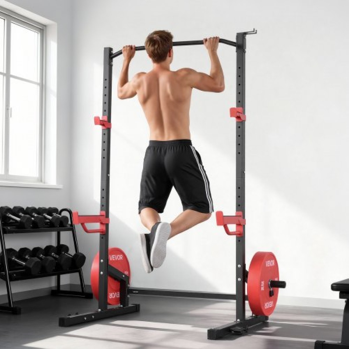 VEVOR Power Cage Squat Rack, Πολυλειτουργικό Power Rack Γυμναστήριο για το σπίτι, Εξοπλισμός προπόνησης δύναμης με 4 μανταλάκια, ρυθμιζόμενοι γάντζοι J και ράβδοι ασφαλείας για πάγκο τύπου Barbell Squat Pull-Up