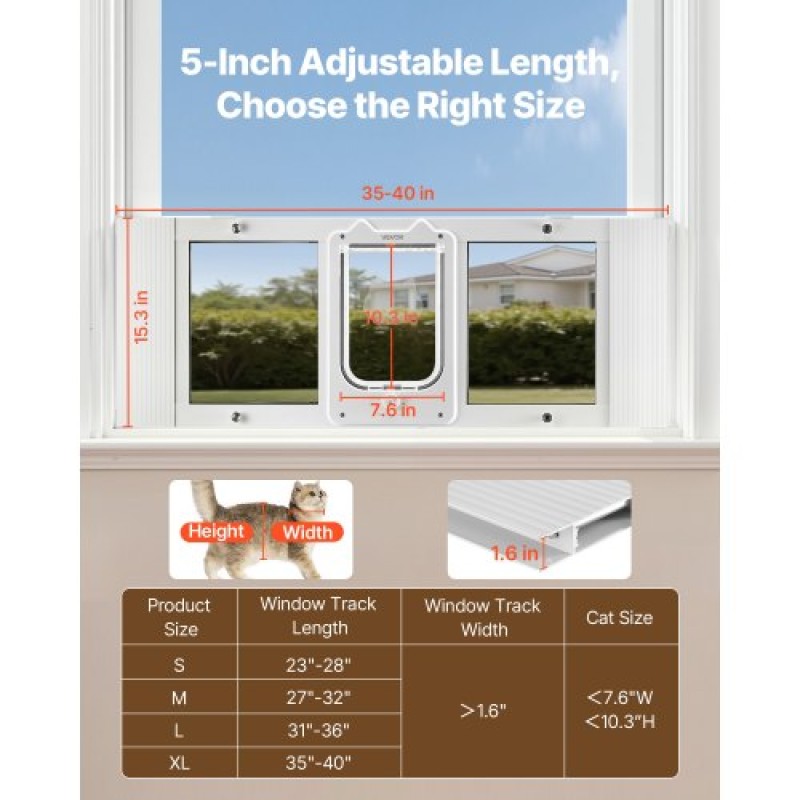 VEVOR Cat Door for Window, Ρυθμιζόμενη στο πλάτος παραθύρου 889-1016 mm, 4 ασφαλείς λειτουργίες κλειδώματος, πλαίσιο αλουμινίου, γυαλί υψηλής διαφάνειας, μαγνητικό κλείσιμο, ανθεκτική στις καιρικές συνθήκες Πόρτα κατοικίδιων ζώων για γάτες, λευκό