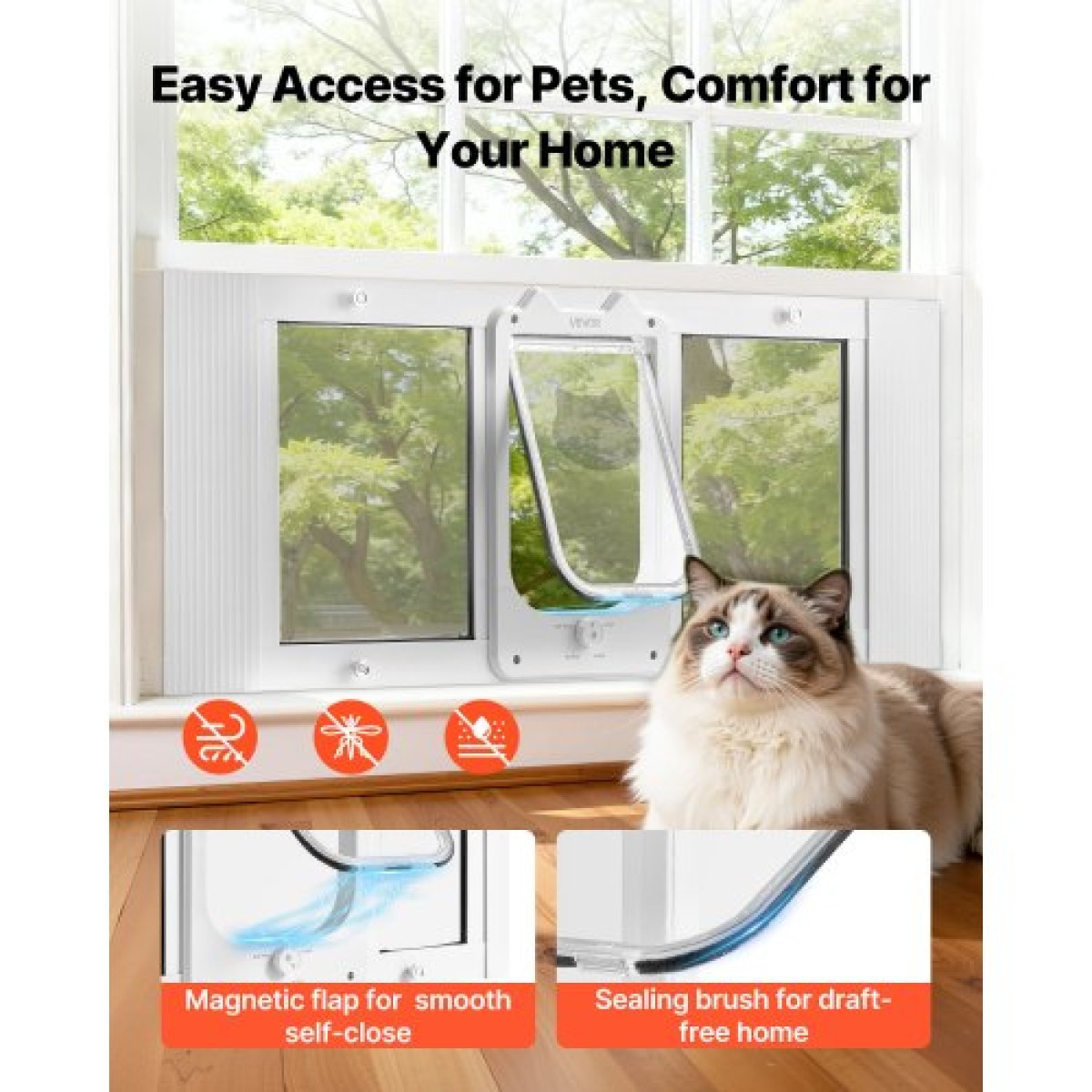 VEVOR Cat Door for Window, Ρυθμιζόμενη στο πλάτος παραθύρου 889-1016 mm, 4 ασφαλείς λειτουργίες κλειδώματος, πλαίσιο αλουμινίου, γυαλί υψηλής διαφάνειας, μαγνητικό κλείσιμο, ανθεκτική στις καιρικές συνθήκες Πόρτα κατοικίδιων ζώων για γάτες, λευκό