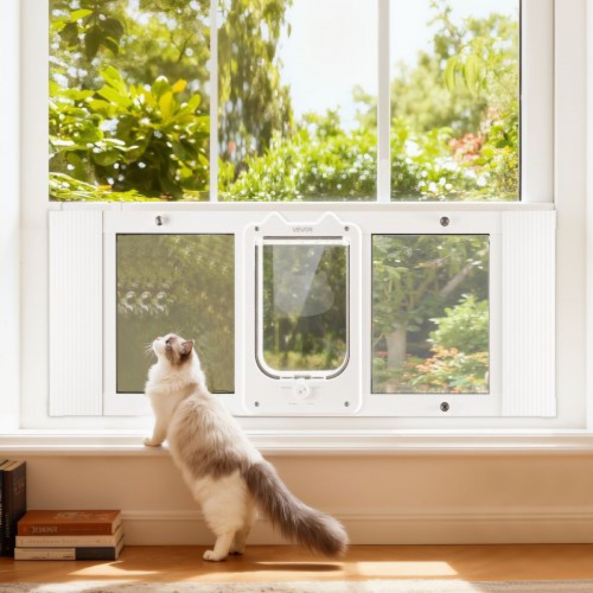 VEVOR Cat Door for Window, Ρυθμιζόμενη στο πλάτος παραθύρου 889-1016 mm, 4 ασφαλείς λειτουργίες κλειδώματος, πλαίσιο αλουμινίου, γυαλί υψηλής διαφάνειας, μαγνητικό κλείσιμο, ανθεκτική στις καιρικές συνθήκες Πόρτα κατοικίδιων ζώων για γάτες, λευκό