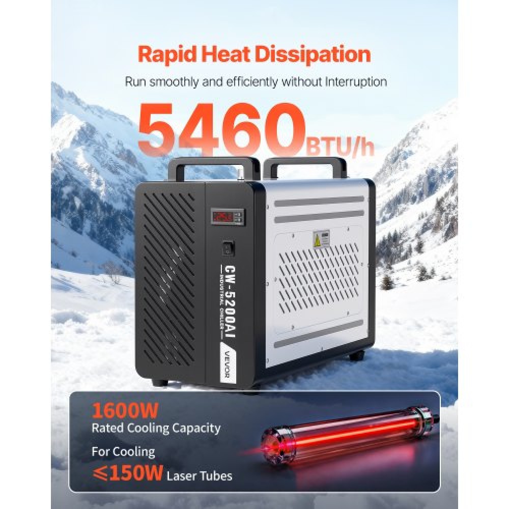 VEVOR Industrial Water Chiller, 1600W, Industrial Water Cooler Cooling System with Compressor, 16 L/min Max Flow Rate, 7 L Tank Capacity, Laser Chiller, for CO2 Laser Tube Engraving & Cutting Machine