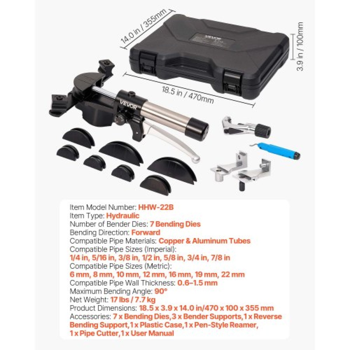 VEVOR Hydraulic Tubing Bender Kit, 6 mm έως 22 mm, Copper Tube Bender, Σετ εργαλείων κάμψης HVAC προς τα εμπρός/πίσω, με 7 μήτρες από κράμα αλουμινίου, για επισκευή αυτοκινήτου ψύξης κλιματιστικών κλιματιστικών HVAC