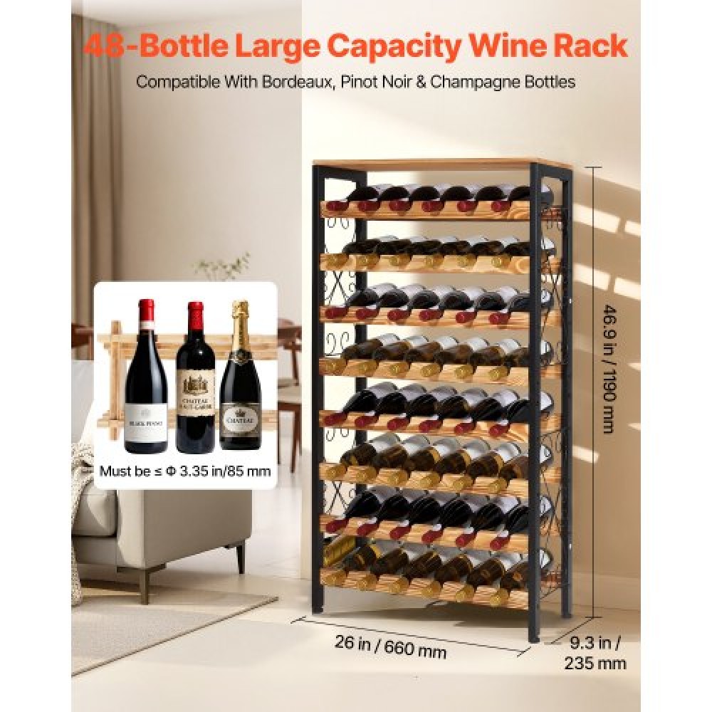 VEVOR 48 Bottle Wine Rack,8-Tier Iron Wine Bottle Holder With Wood Table Top,Freestanding Floor Display Wine Storage Shelves,For Kitchen Pantry, Cellar, Bar, Dining Room,26''L X 9.3''W X 46.9''H
