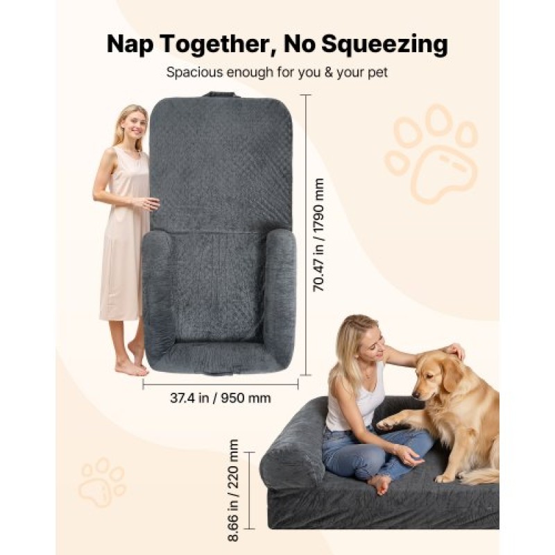 VEVOR Human Dog Bed, 1790 x 950 x 240 mm Orthopedic Memory Foam Κρεβάτι σκύλου ανθρώπινου μεγέθους, Κρεβάτια για κατοικίδια Humans με πλαϊνή τσέπη, λαβή και φερμουάρ, αφαιρούμενα κρεβάτια σκύλων που πλένονται στο πλυντήριο για ανθρώπους, σκούρο γκρι
