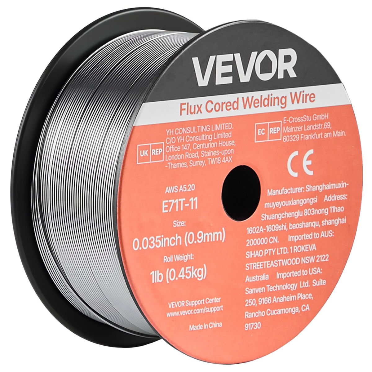 Σύρμα συγκόλλησης VEVOR Flux Core MIG, E71T-11 0,9mm 0,45kg, Σύρμα συγκόλλησης από ήπιο χάλυβα χωρίς αέριο με χαμηλό πιτσίλισμα για συγκόλληση τόξου σε όλες τις θέσεις, αυτοπροστατευμένο για εξωτερική χρήση (Συσκευασία 2 κυλίνδρων)