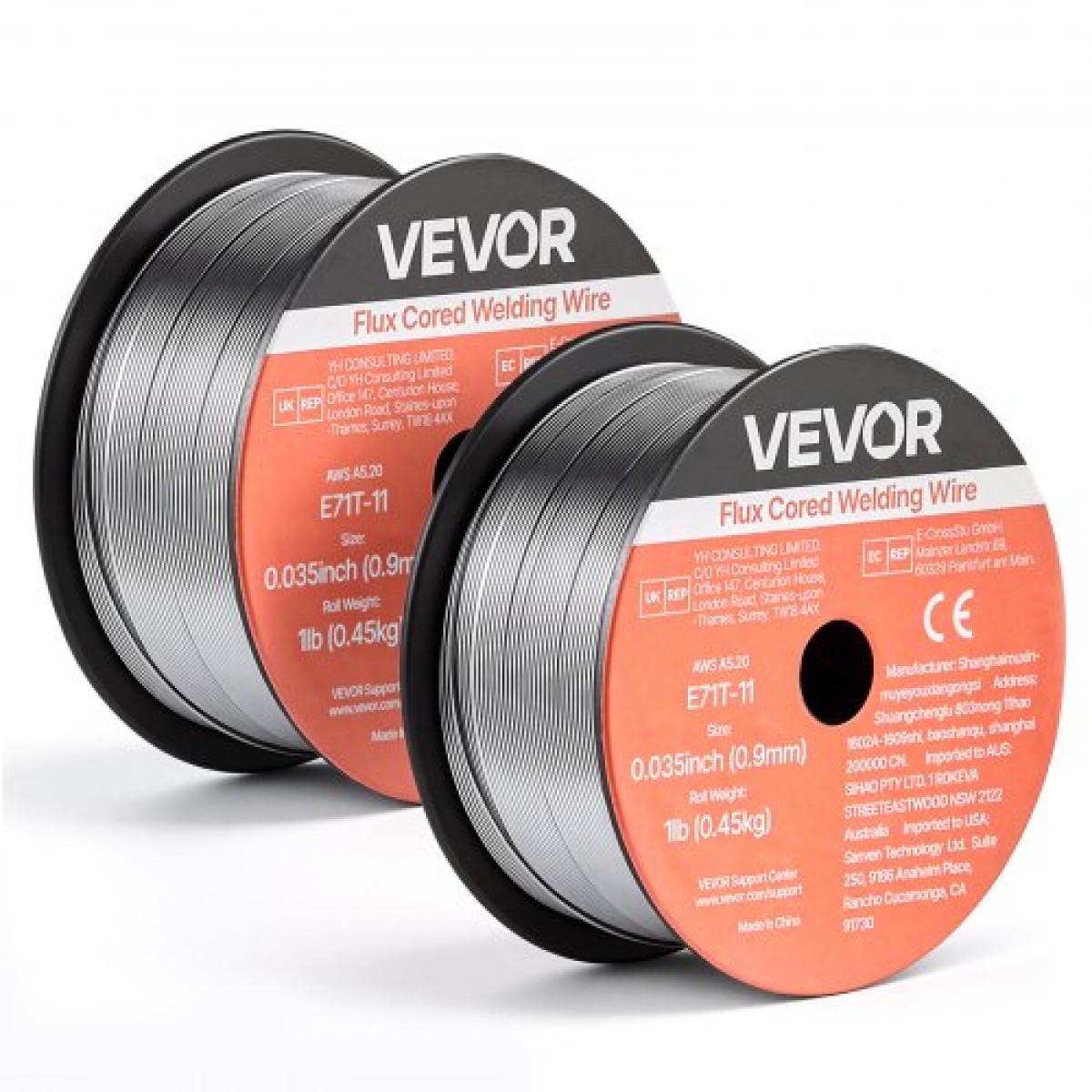 Σύρμα συγκόλλησης VEVOR Flux Core MIG, E71T-11 0,9mm 0,45kg, Σύρμα συγκόλλησης από ήπιο χάλυβα χωρίς αέριο με χαμηλό πιτσίλισμα για συγκόλληση τόξου σε όλες τις θέσεις, αυτοπροστατευμένο για εξωτερική χρήση (Συσκευασία 2 κυλίνδρων)