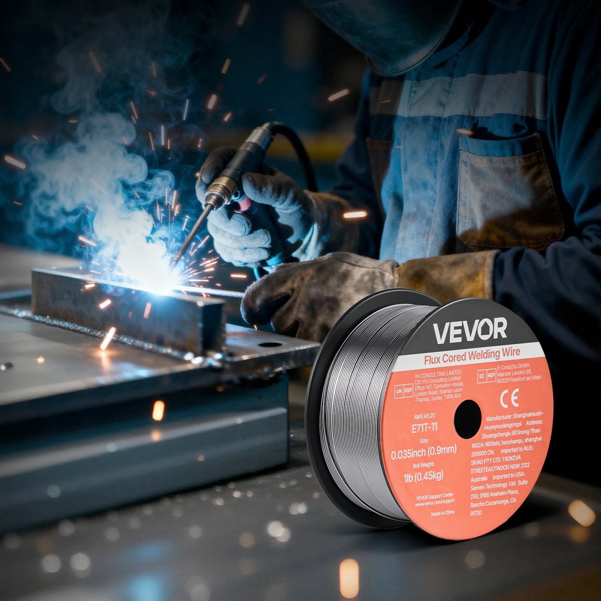 Σύρμα συγκόλλησης VEVOR Flux Core MIG, E71T-11 0,9mm 0,45kg, Σύρμα συγκόλλησης από ήπιο χάλυβα χωρίς αέριο με χαμηλό πιτσίλισμα για συγκόλληση τόξου σε όλες τις θέσεις, αυτοπροστατευμένο για εξωτερική χρήση (Συσκευασία 2 κυλίνδρων)