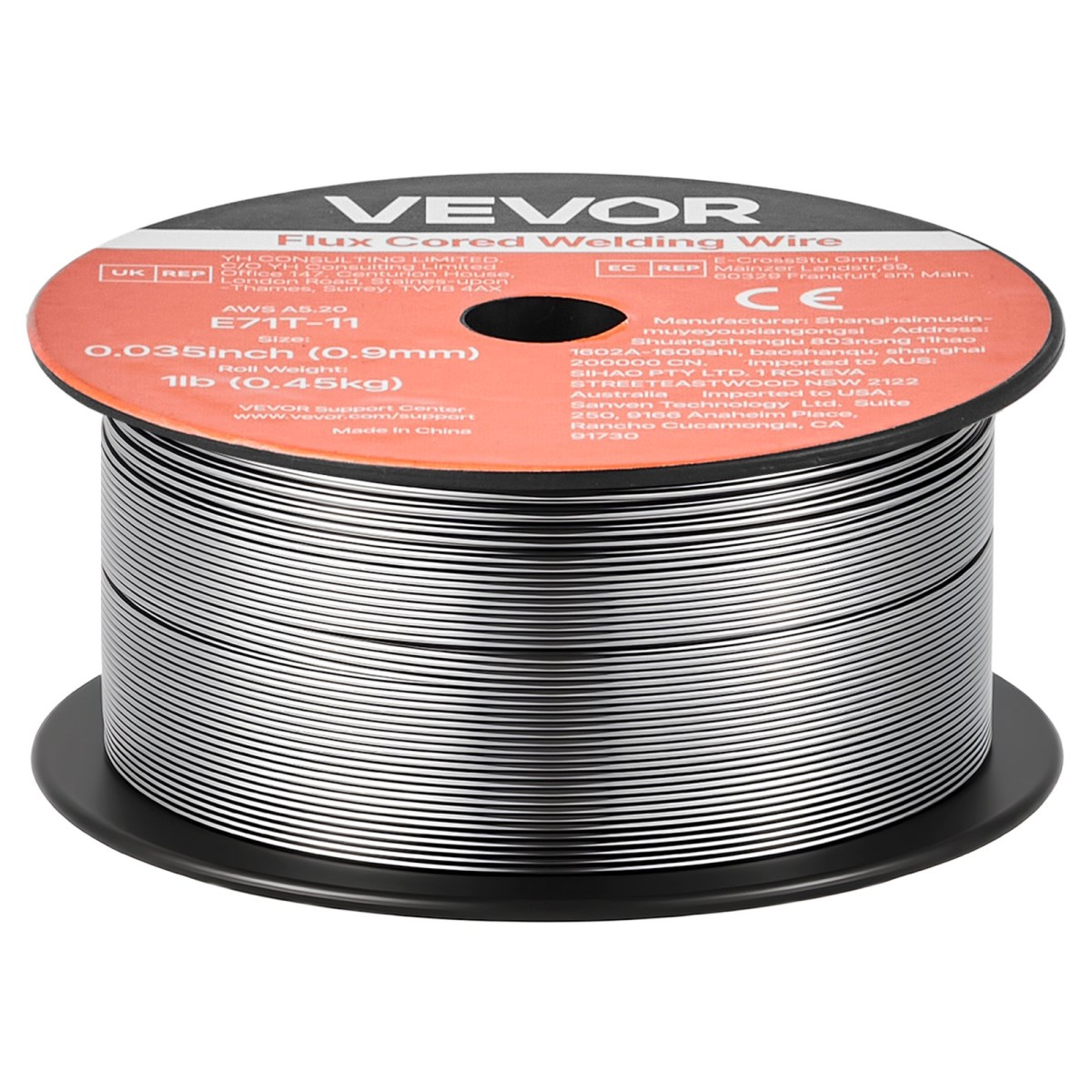 Σύρμα συγκόλλησης VEVOR Flux Core MIG, E71T-11 0,9mm 0,45kg, Σύρμα συγκόλλησης από ήπιο χάλυβα χωρίς αέριο με χαμηλό πιτσίλισμα για συγκόλληση τόξου σε όλες τις θέσεις, αυτοπροστατευμένο για εξωτερική χρήση (Συσκευασία 2 κυλίνδρων)