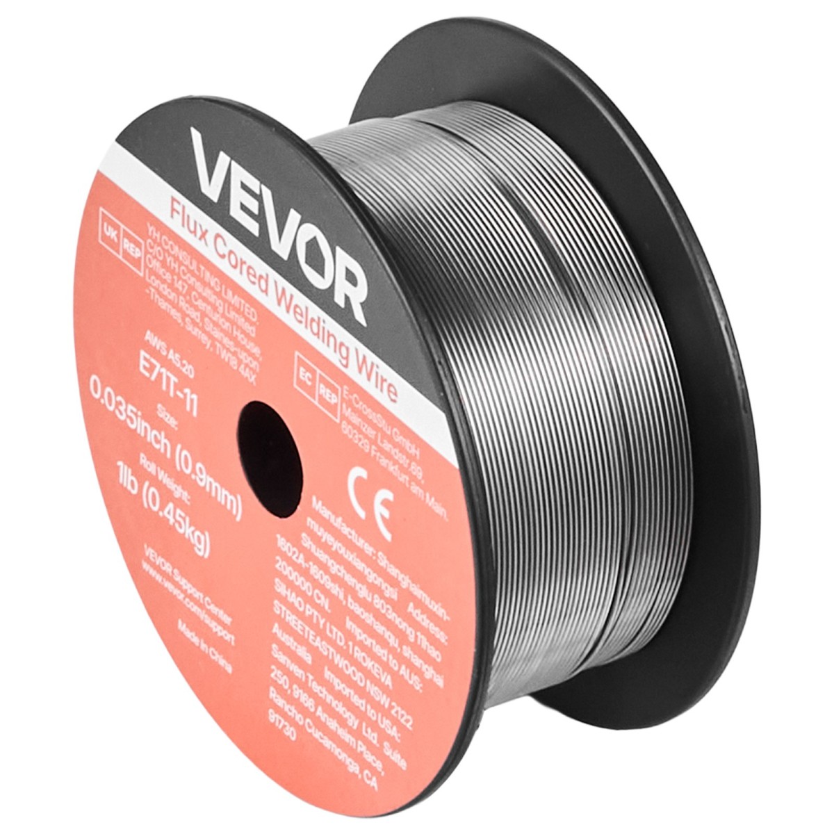 Σύρμα συγκόλλησης VEVOR Flux Core MIG, E71T-11 0,9mm 0,45kg, Σύρμα συγκόλλησης από ήπιο χάλυβα χωρίς αέριο με χαμηλό πιτσίλισμα για συγκόλληση τόξου σε όλες τις θέσεις, αυτοπροστατευμένο για εξωτερική χρήση (Συσκευασία 2 κυλίνδρων)