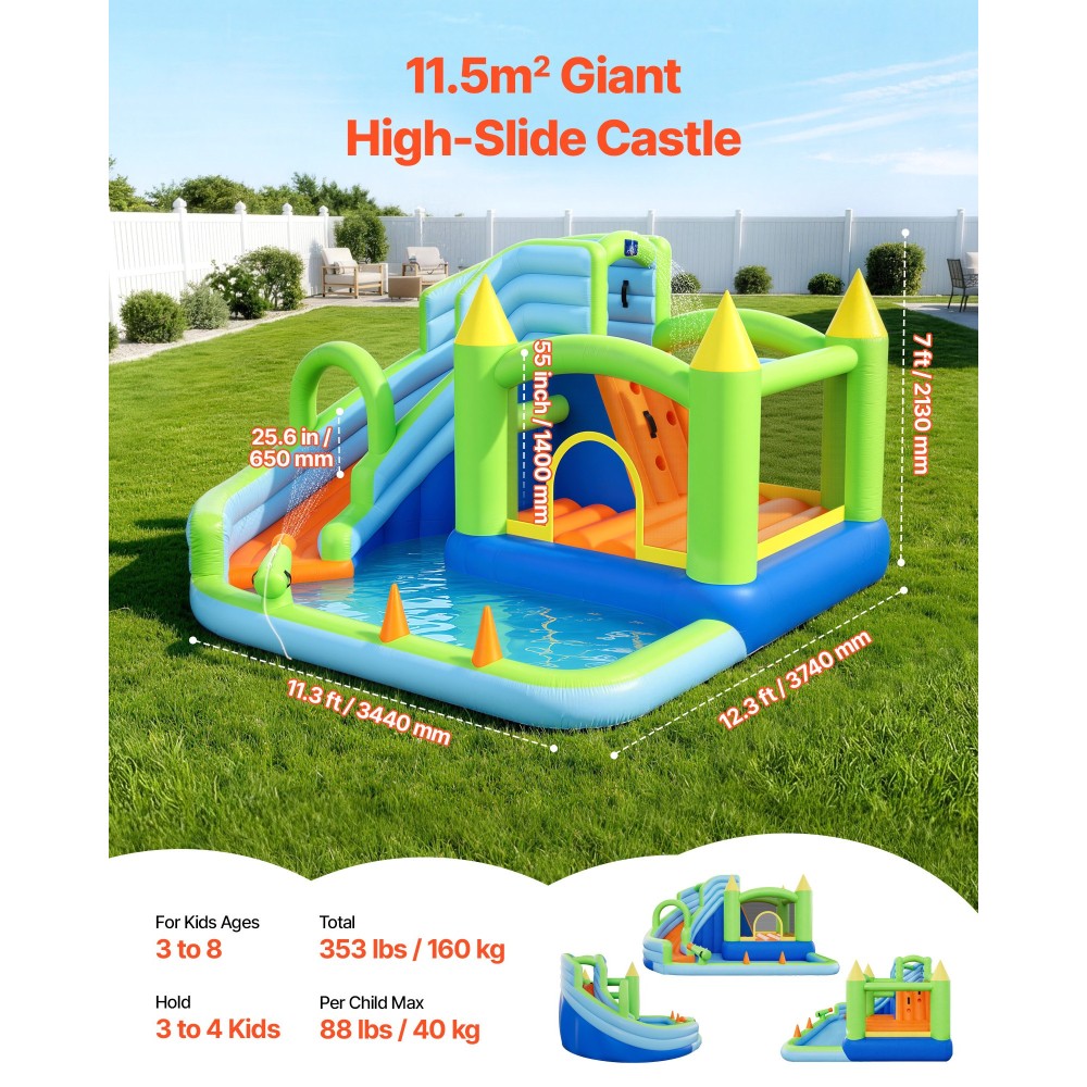 Φουσκωτό σπίτι αναπήδησης VEVOR, 11,3 x 12,3 x 7,0 ft Φουσκωτό Bounce House Νεροτσουλήθρα, Bouncer Castle με αναπηδήσεις στο κάστρο, στεφάνι μπάσκετ, Splash Pool & Water Ring Toss, για 3 έως 4 παιδιά ηλικίας 3 έως 8 ετών