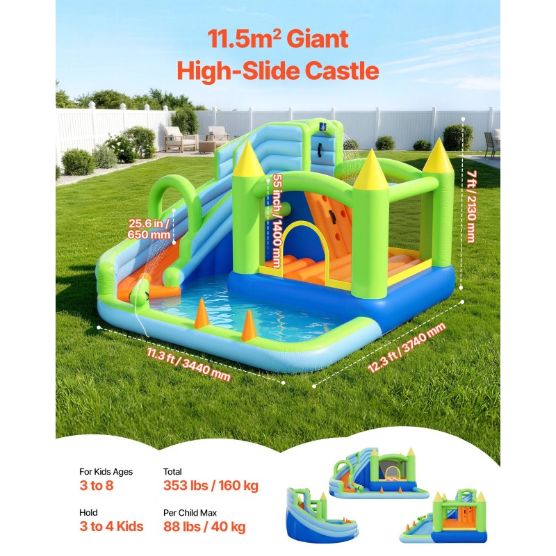 Φουσκωτό σπίτι αναπήδησης VEVOR, 11,3 x 12,3 x 7,0 ft Φουσκωτό Bounce House Νεροτσουλήθρα, Bouncer Castle με αναπηδήσεις στο κάστρο, στεφάνι μπάσκετ, Splash Pool & Water Ring Toss, για 3 έως 4 παιδιά ηλικίας 3 έως 8 ετών
