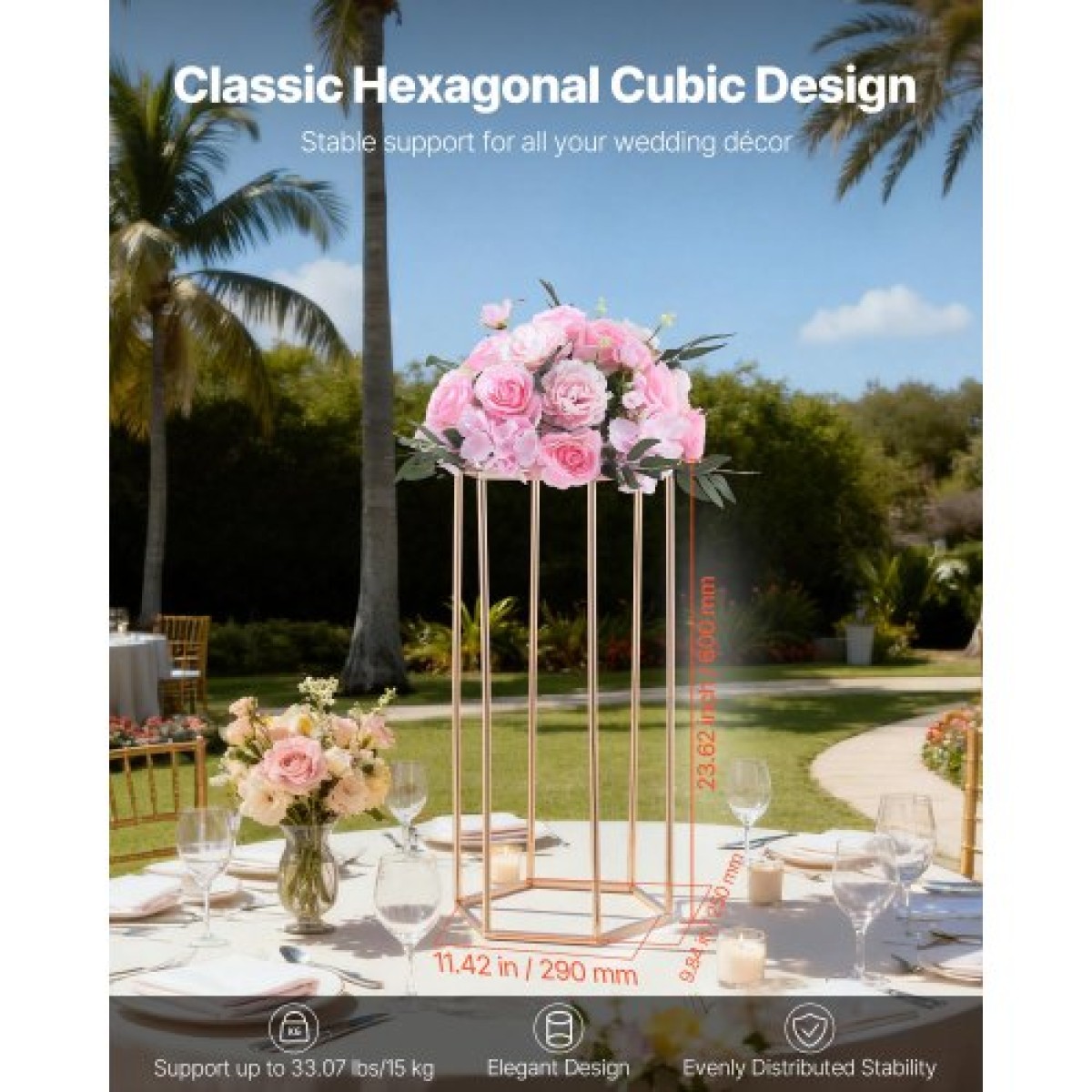 VEVOR Wedding Flower Stand, 10PCS 23,62 ιντσών Στάντ λουλουδιών, Floral Stand με ακρυλικό Laminate, Εξαγωνική κυβική φλοράλ επίστρωση για γάμο, πάρτι, γενέθλια, σπίτι, γαλλικά χρυσά stand