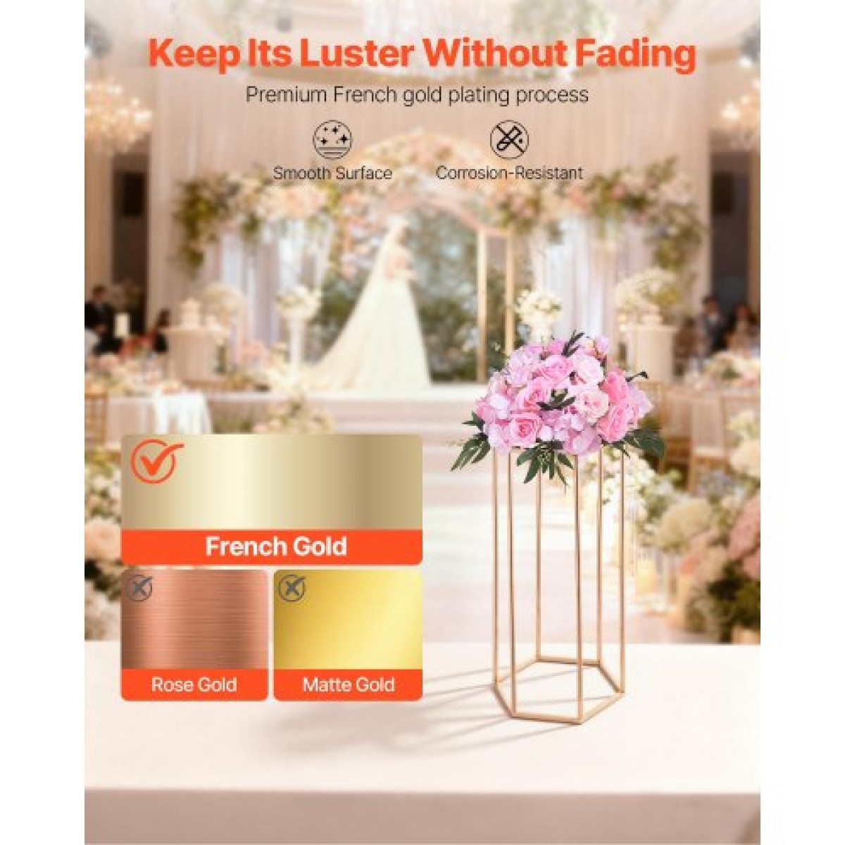 VEVOR Wedding Flower Stand, 10PCS 23,62 ιντσών Στάντ λουλουδιών, Floral Stand με ακρυλικό Laminate, Εξαγωνική κυβική φλοράλ επίστρωση για γάμο, πάρτι, γενέθλια, σπίτι, γαλλικά χρυσά stand
