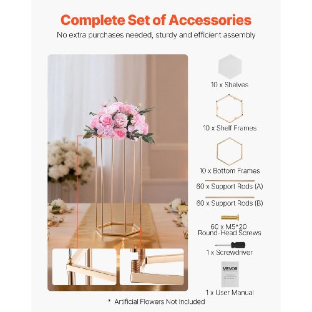 VEVOR Wedding Flower Stand, 10PCS 23,62 ιντσών Στάντ λουλουδιών, Floral Stand με ακρυλικό Laminate, Εξαγωνική κυβική φλοράλ επίστρωση για γάμο, πάρτι, γενέθλια, σπίτι, γαλλικά χρυσά stand
