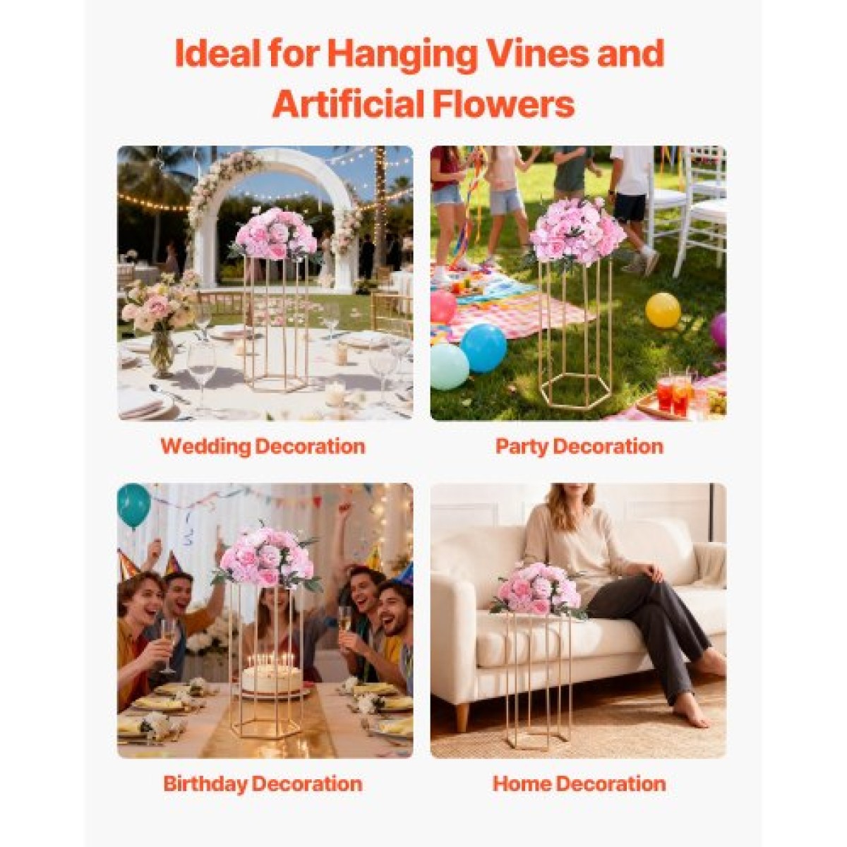 VEVOR Wedding Flower Stand, 10PCS 23,62 ιντσών Στάντ λουλουδιών, Floral Stand με ακρυλικό Laminate, Εξαγωνική κυβική φλοράλ επίστρωση για γάμο, πάρτι, γενέθλια, σπίτι, γαλλικά χρυσά stand