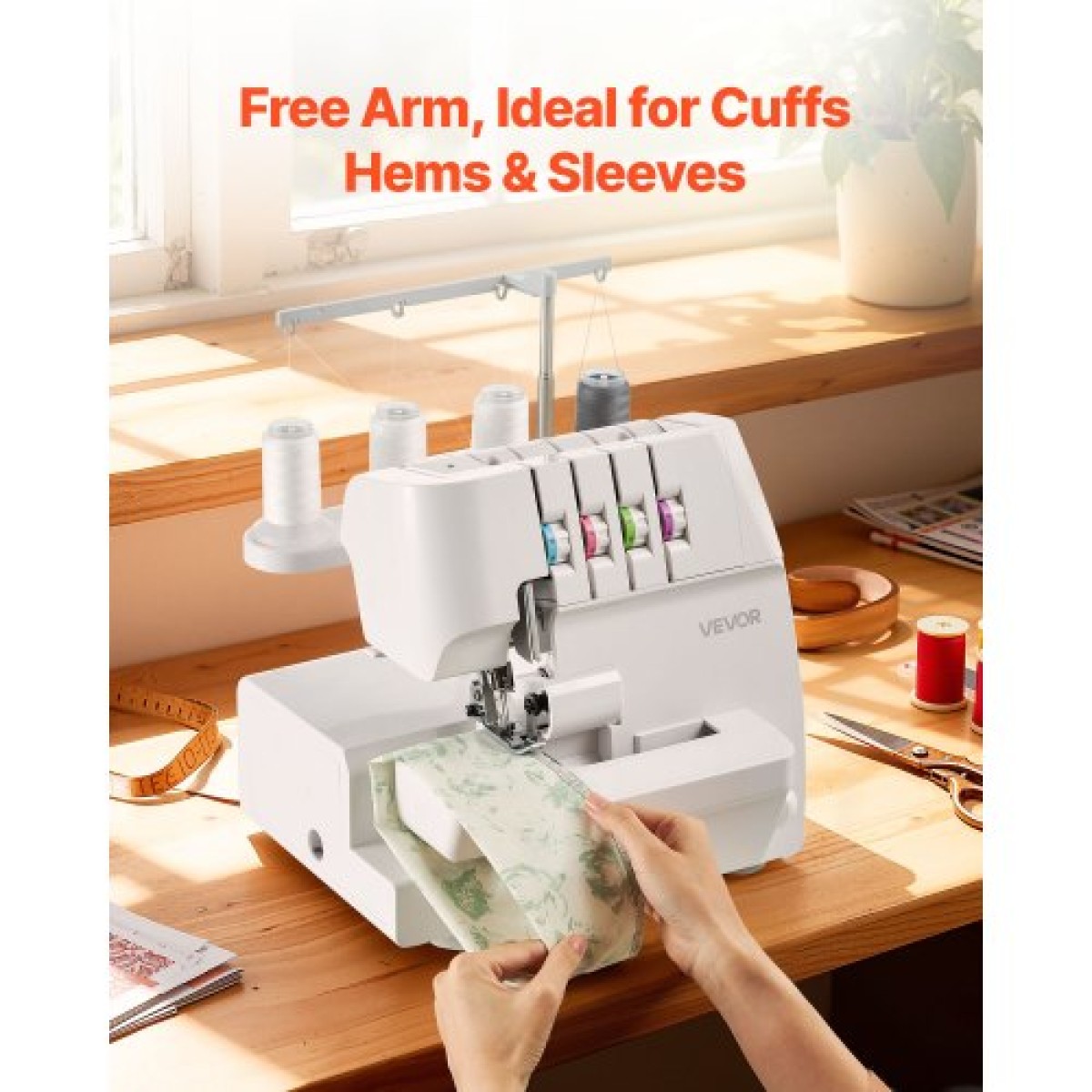 Ραπτομηχανή VEVOR Serger Overlock, 1250 βελονιές ανά λεπτό, ικανότητα κλωστών 2-3-4, ρυθμιζόμενη διαφορική τροφοδοσία 0,7-2, με ελεύθερο βραχίονα και φως LED, ραπτομηχανή για διάφορα υφάσματα, λευκό