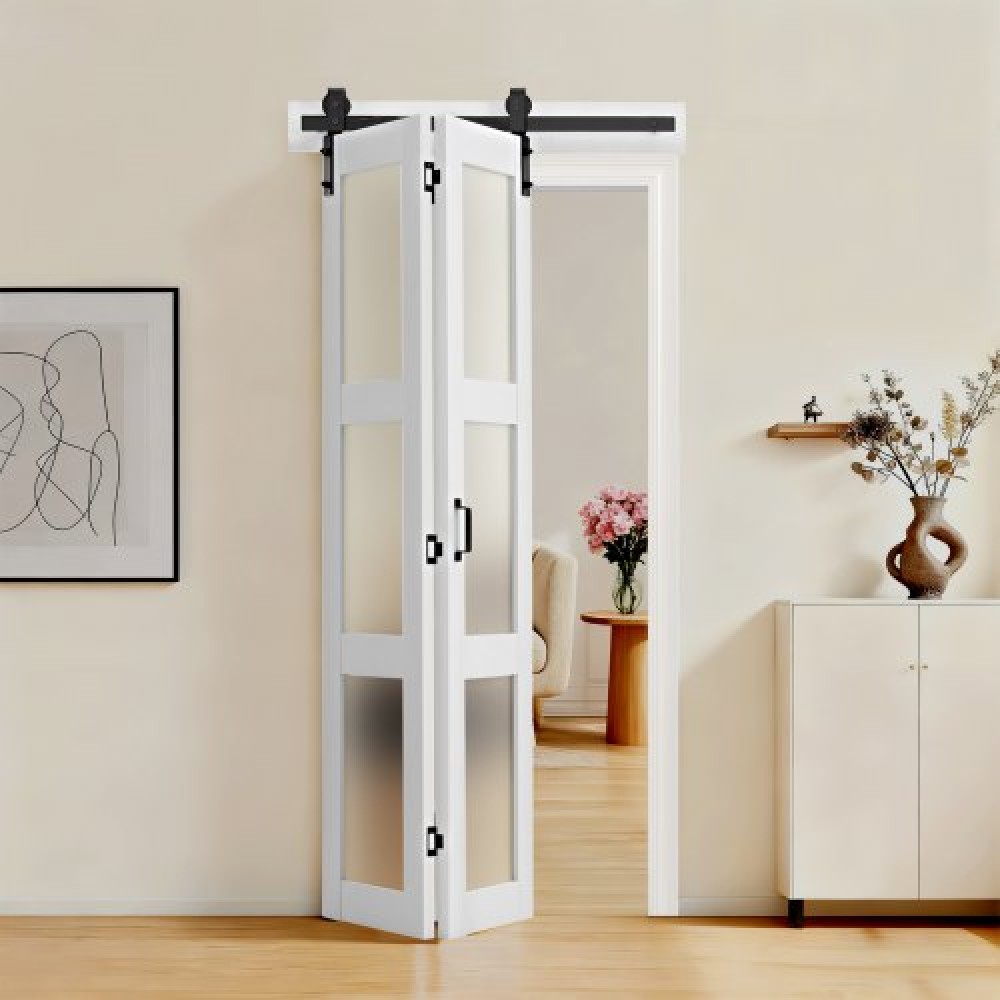 VEVOR Bifold Barn Door, 914 x 2134 mm, MDF με διπλές συρόμενες πόρτες ντουλάπας από σκληρυμένο γυαλί, Περιλαμβάνεται κιτ υλικού, Σχεδιασμός εξοικονόμησης χώρου, προσυναρμολογημένα πάνελ για υπνοδωμάτιο, σαλόνι, ντουλάπα, λευκό