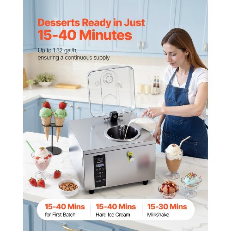 VEVOR Commercial Hard Ice Cream Machine, 500W 5L per Hour, Gelato Hard Serve Ice Cream Maker with 2.8L 304 Stainless Steel Cylinder, Auto Clean LED Panel High Productivity for Snack Bar Restaurants