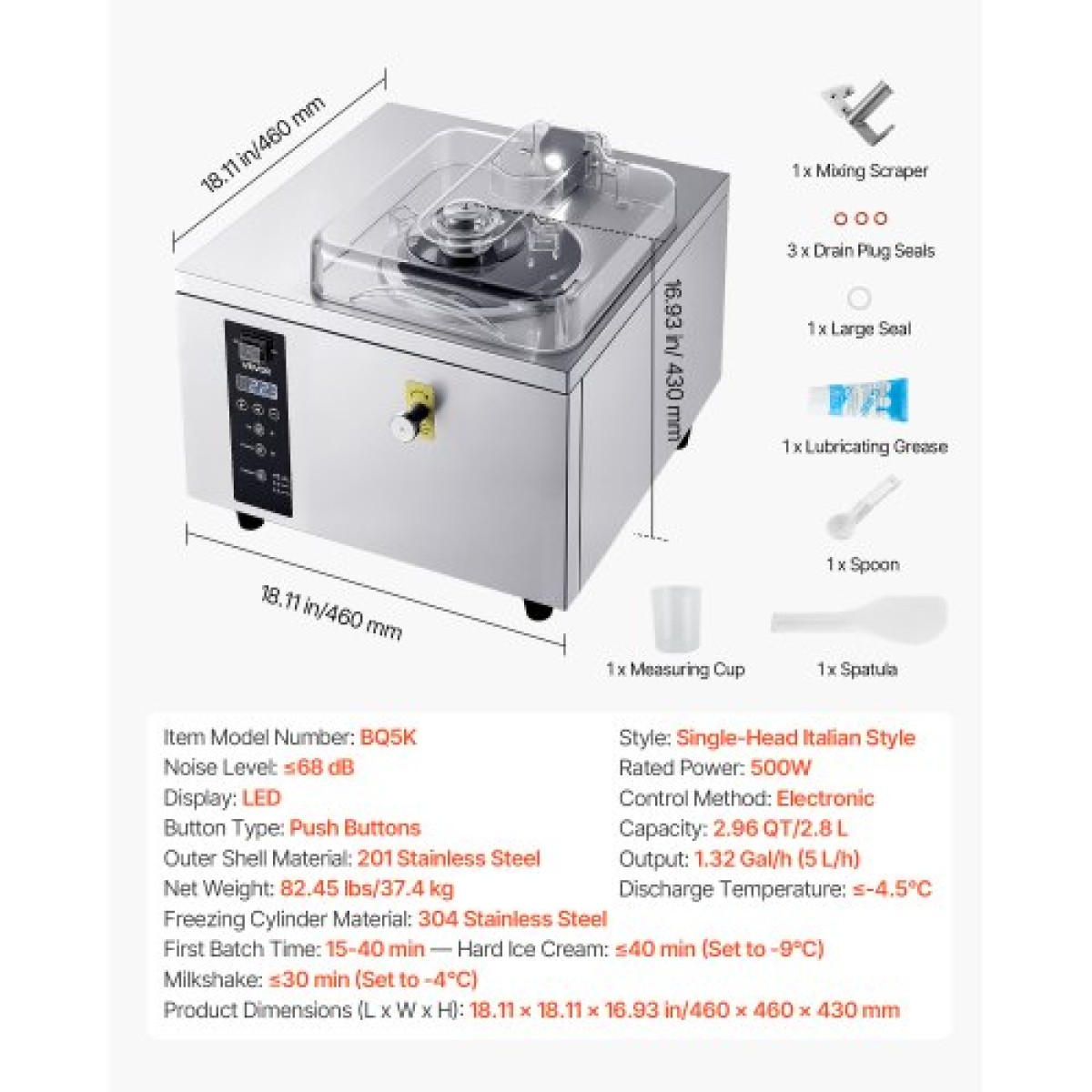 Εμπορική σκληρή παγωτομηχανή VEVOR, 500W 5L ανά ώρα, παγωτομηχανή Gelato Hard Serve με κύλινδρο 2,8L 304 από ανοξείδωτο χάλυβα, Πάνελ LED Auto Clean Υψηλή παραγωγικότητα για εστιατόρια με σνακ μπαρ